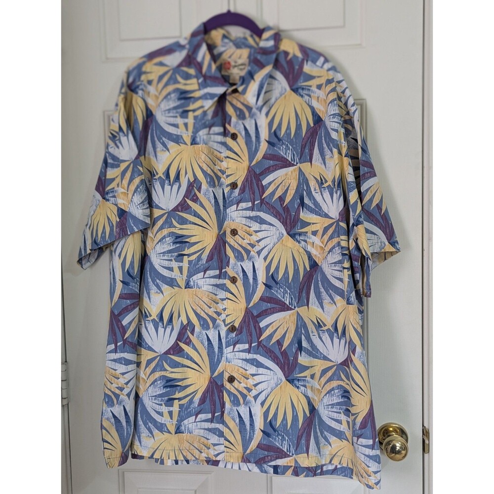 VTG Hilo Hattie Hawaiian S/S Shirt Mens 3XL Blue Yellow Tropical Leaf Cotton